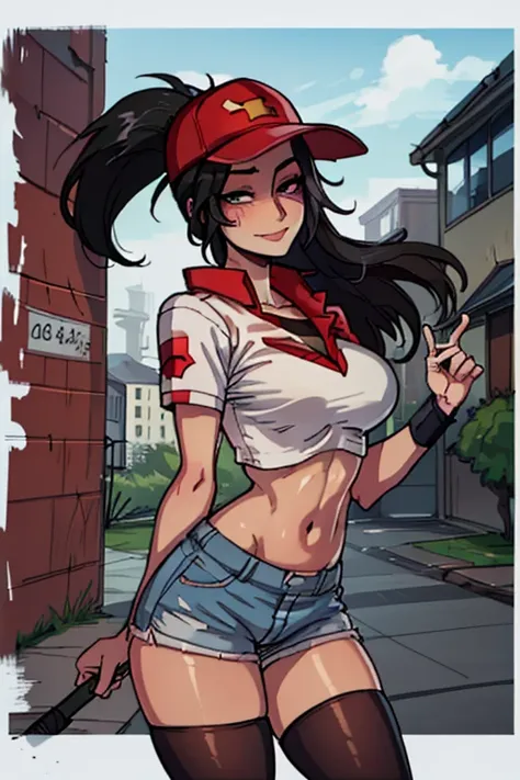 masterpiece, best quality, pdsivir, pizza embroidered baseball cap, ponytail, white crop top, short shorts, red thighhighs, large breasts, looking at viewer, smile, standing, outside house, street, lawn, portrait, close up to face, detailed