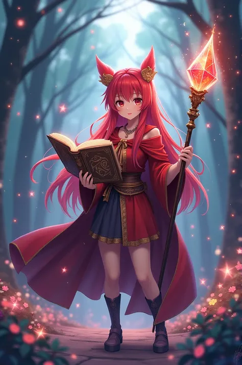 A red-haired anime style girl with a grimoire and a staff