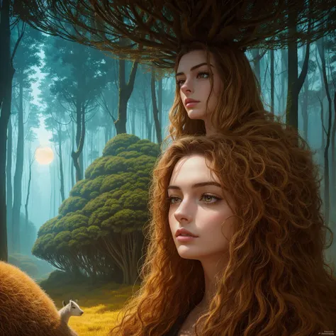 golden hour, paranormal activities, surreal illustration of a gigantic head of a beautiful young woman with face of janina poraz...