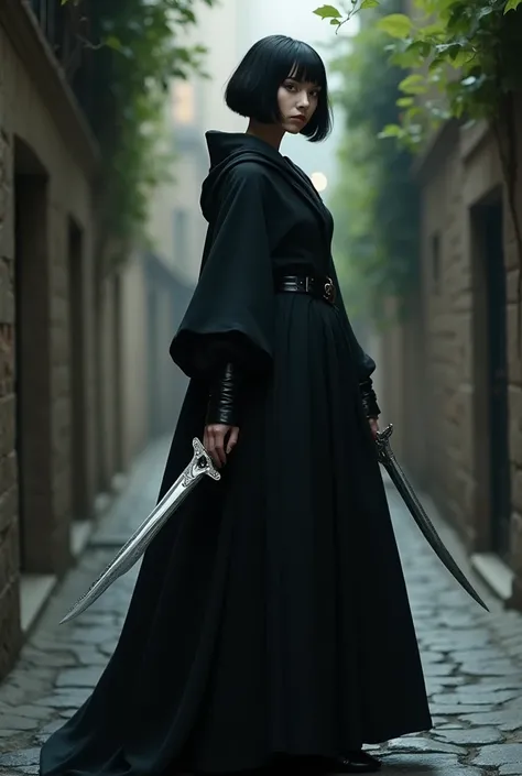 Beautiful woman with short black hair, white with two ambidextrous daggers and 170 centimeters tall with a cloak and mask