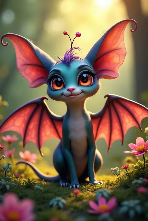 a cute mythological creature with large bat-like purple red wings, a small antenna on the head, a bright and erotic personality, detailed facial features, 1girl, anime style, (best quality,4k,8k,highres,masterpiece:1.2),ultra-detailed,(realistic,photoreali...