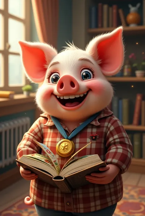 Pig in beard in shirt with a gold medal and a book