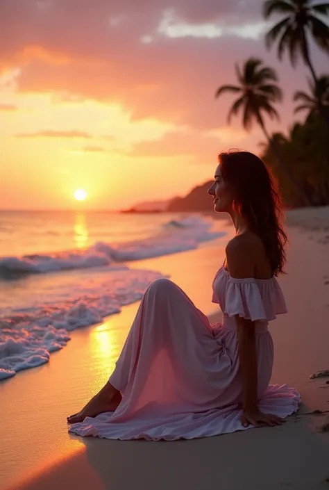 A 25 year girl seat in sea side with off shoulder dress and see the sun set