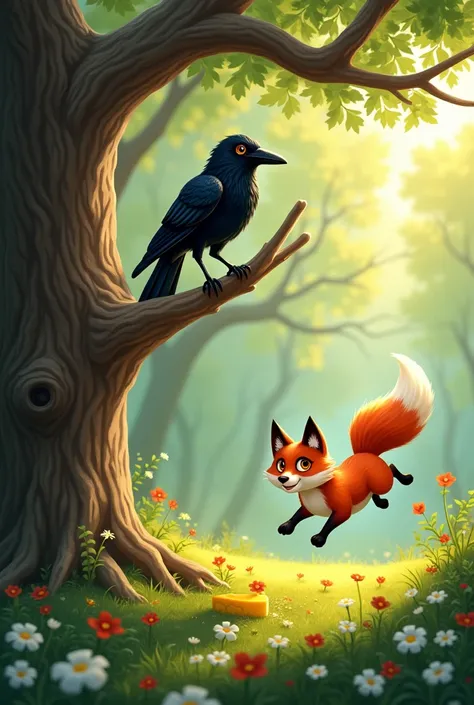 The crow whistling in the tree and the fox jumped and grabbed the cheese with its little snout drawing
