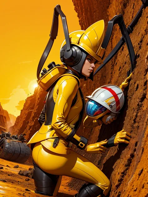 A worker ant wearing a helmet and yellow mining clothes