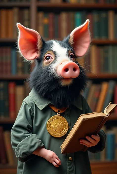 Pig in black beard in shirt with a gold medal and a book