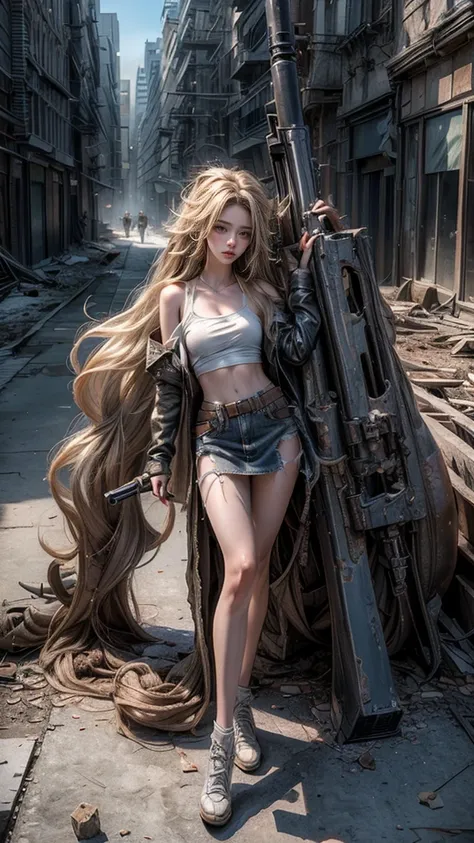 ((masterpiece, highest quality, Highest image quality, High resolution, photorealistic, Raw photo, 8K)), young girl, long blond hairstyle with two tails, blue eyes, Post apocalypse, full body, big gun, movie style, background: ruined city