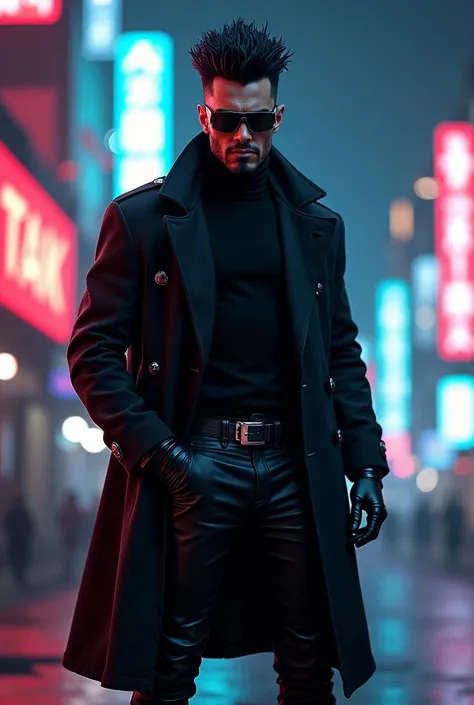 portrait, 1 man, ocidental man, black spiky hair, black goatee, athletic body, black futuristic overcoat, sunglasses, futurist black belt, black boots, angry face, turtleneck with leds in it, neon, cyberpunk, night city, futuristic