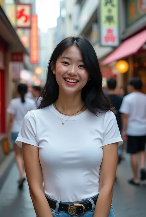 Shopping Street: Tight shirt,Black Hair,Nogizaka Beauty, Highest quality, shape, Very detailed, In detail, High resolution, 8k wallpaper, Perfect dynamic composition, Beautiful details, Natural Lip, Tight White T-shirt, She is smiling in a cute pose.., Upp...