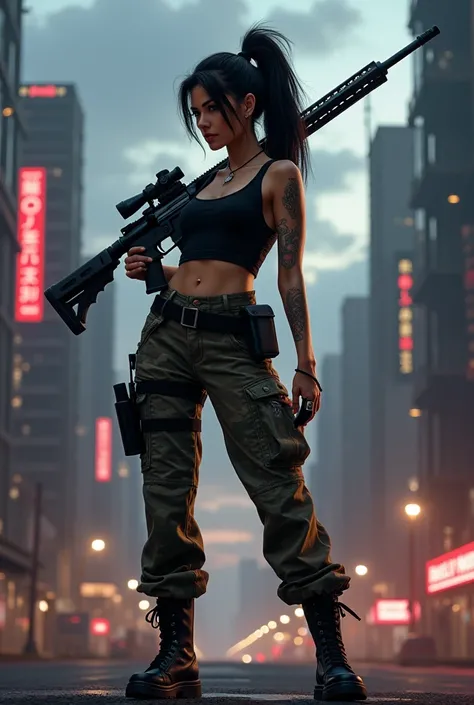 The bounty hunter with a tattoo on her forearm has black hair styled in a ponytail that rests on her shoulder. She has tanned skin and black eyes. Shes wearing a black tank top, camouflage pants tucked into tall black lace-up boots. She has a black belt on...