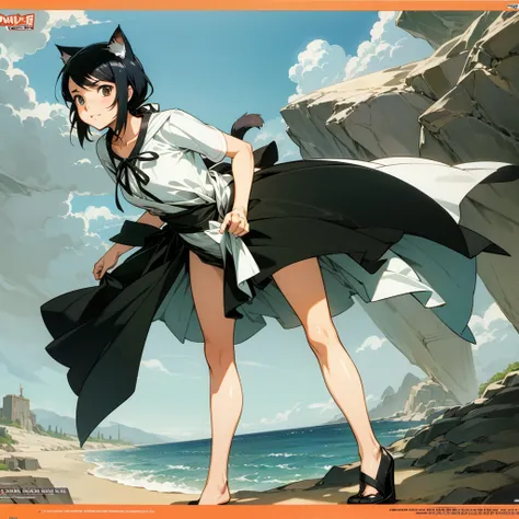 Kōsuke Fujishima style , Anime magazine pinup , cat woman , wide hip , side open summer dress , in the magic hor sea side , dim light