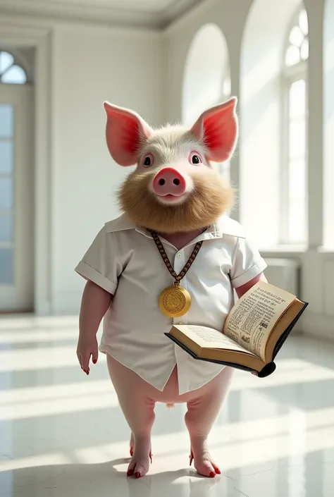 A pig with beard in short sleeve formal shirt with a gold medal and a book in hand in a white room