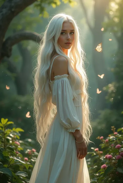 Create a 26-year-old woman with long white hair, And golden eyes