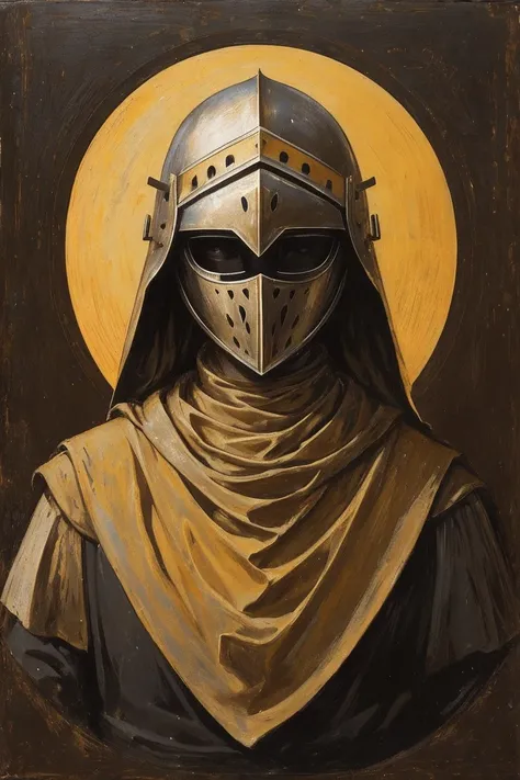 a painting of a young medieval woman, gaunt, collarbone wrapped in yellowing bandages, wearing dirty knight armor, bandages covered in dried blood and puss, disgusting, defiant fleeting eyes, in pain, old bandages tight, mended armor plates over chest, men...