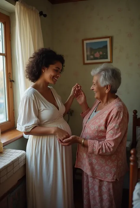 Pregnant mother
Light brown skin
Grandmother accompanying her daughter
Looking at the babys first clothes
In the babys room
House of middle to low economic status
