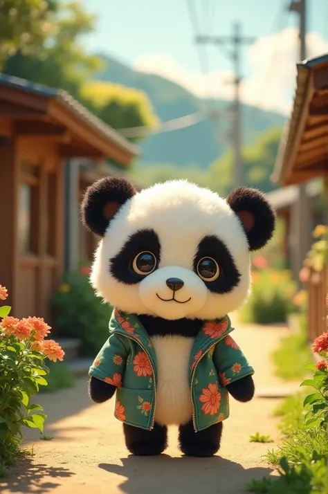 panda, They are standing，dollface，Japanese style，Tram，Okinawa，Summer Station，Wood house, de jaqueta 花panda，(精致的面容), (High-quality plush)