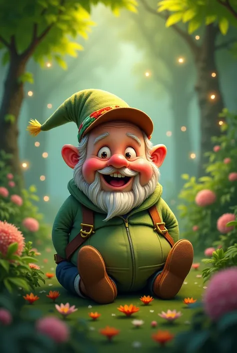 Fat old man with a cap under a leaf in Tinkerbell style 