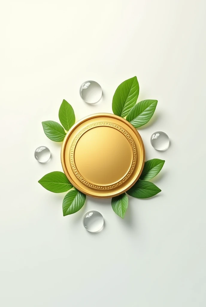 A minimalist image with a gold medal in the center, surrounded by symbols of green leaves and water drops, symbolizing freshness and quality.