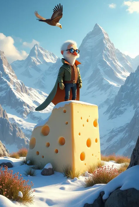 a huge block of feta cheese on the alps mountains, Inspector Gadget  is  sitting on a block of cheese beautiful detailed mountains, snowy peaks, picturesque landscape, natural light, dramatic lighting, cinematic composition, high quality, 8k, realistic, ph...