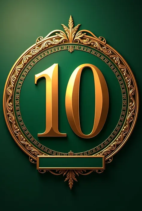 A mockup of a gold and green circular emblem, stylised, with the number 10 centered and a strip at the bottom with space for writing. The emblem must be viewed from the front, without shadow and with Full HD quality