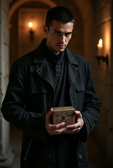 one  men, tall young and handsome with black hair in a short cut, with an unfriendly expression and an intense look, He is wearing old black clothes and is holding a small rectangular wooden box..