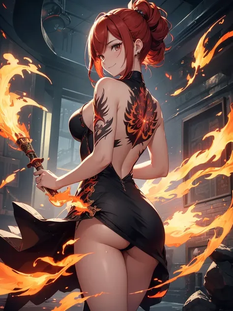 (((best quality, sharp image, clear image, cinematic lighting, 8k resolution, masterpiece, ultra detailed, intricate))) Girl, (((looking over left shoulder))), (shot from behind), ((shot from hip up)), fiery red hair, pigtails, ((intricate black dress)), (...