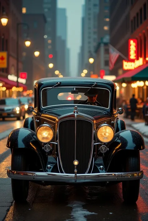 Chicago City of 1933 winter main street background, 1 hitman and driver in the car of black 1st Lincoln Continental, evening twilight, RAW photo,