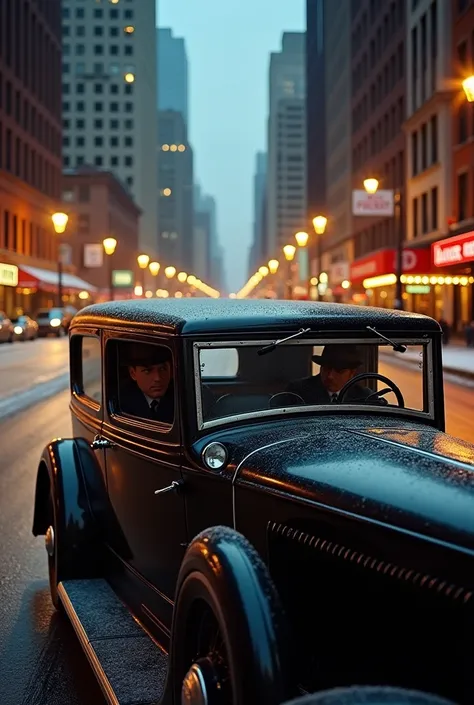 Chicago City of 1933 winter main street background, 1 hitman and driver in the car of black 1st Lincoln Continental, evening twilight, RAW photo,