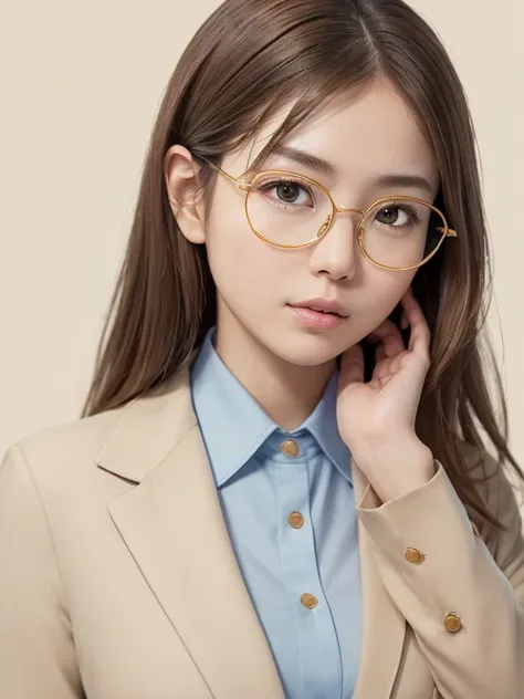 A clean and bright impression is preferred for the photograph.、 (Realistic:1.4), RAW Photos, Japanese women、alone、((((Beautiful face like an actress)))),((((Beige formal suit:1.4)))),(((Delicate round gold-rimmed glasses)))、Realistic proportions, Complex,d...