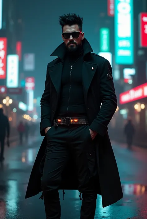 portrait, 1 man, ocidental man, black spiky hair, black goatee, athletic body, black futuristic overcoat, sunglasses, futurist black belt, black boots, angry face, turtleneck with leds in it, matrix style, neon, cyberpunk, night city, futuristic