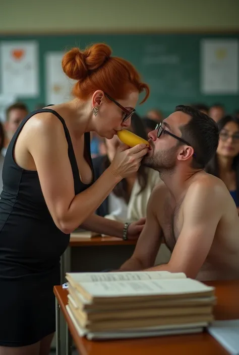 1woman, 65yo sexy plumper aged femdom mistress, wrinkled, double chin, pushes a banana deep into mans mouth, standing in a crowded classroom, bending over the student, pending big boobs, tall beautiful mistress, voluptuous, classy, mature, eyeglasses, stri...