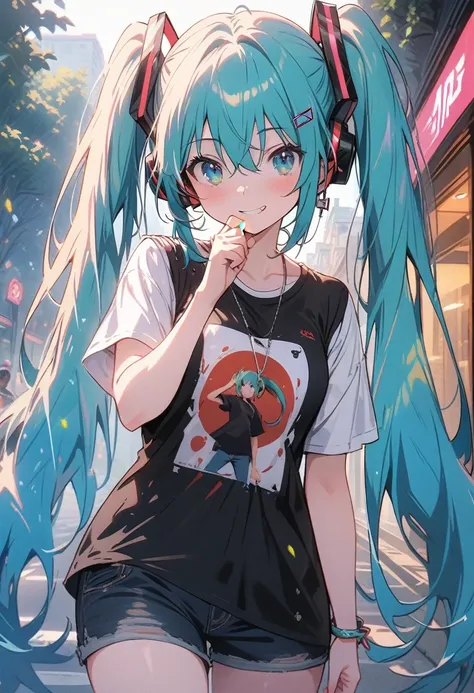 ((hatsune miku)), strolling, wear casual clothes, tree-lined street, long shot, pale skin, tired face, 8k,wallpaper of extremely detailed CG unit, ​masterpiece,hight resolution,top-quality,top-quality real texture skin,hyper realisitic,increase the resolut...