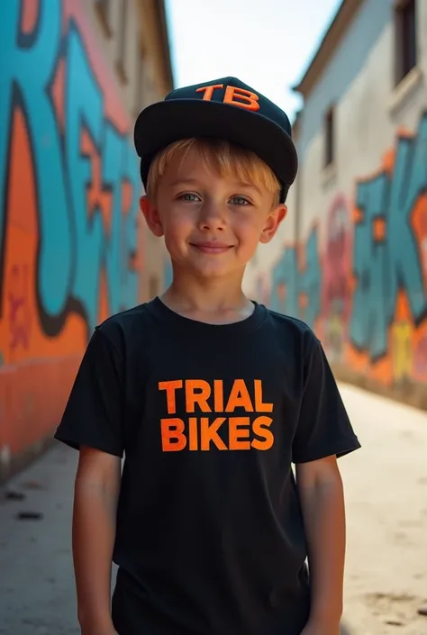 A boy wearing a black t-shirt that says "TRIALBIKES" in orange and has a TB logo in orange is also wearing a black cap with TB in orange.