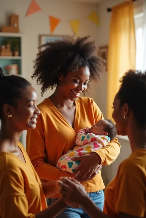 Mom presenting the baby
Babys colorful clothes
People with light skin
Living room of the house

