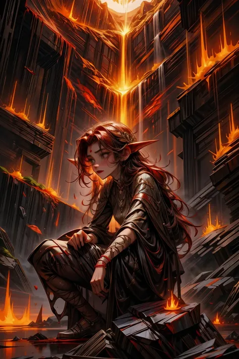 red goblin warlock, lava molten desolated rocky background