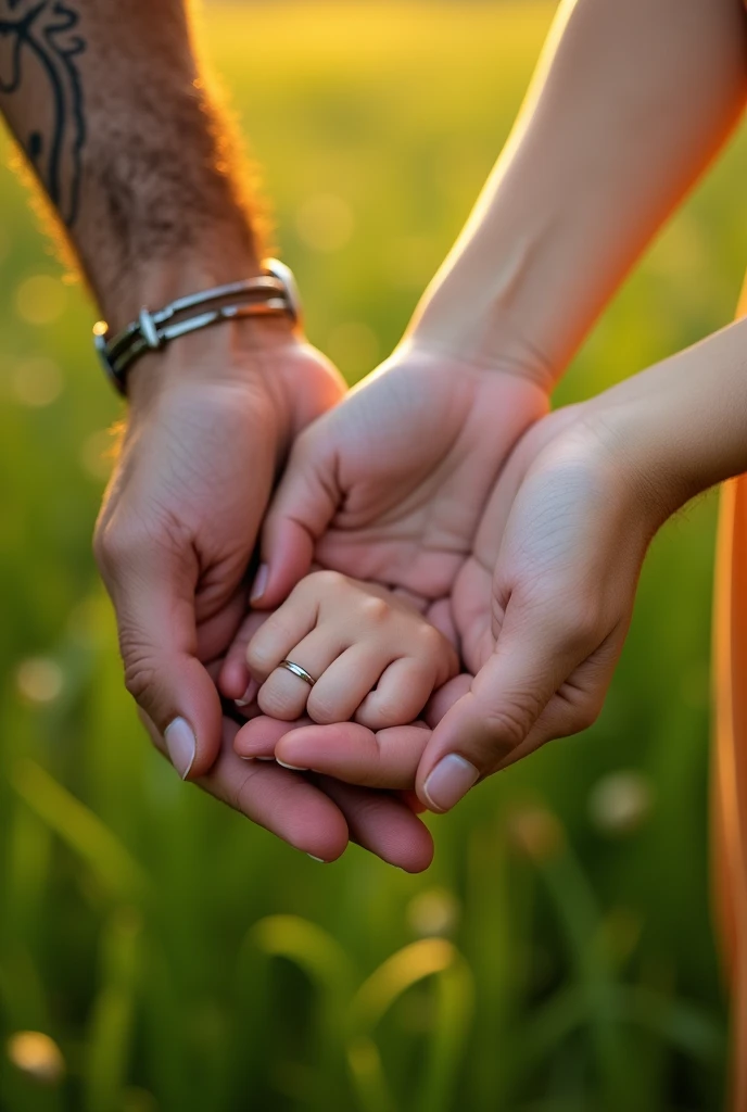 A close-up of a rugged mans hand, a slender womans hand, and a small babys hand connected against the background of a meadow. Natural light illuminates the hand, beautifully depicting the wrinkles and smallness of a babys hand.