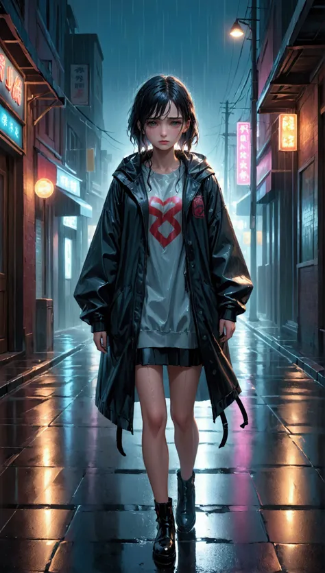 A girl walking in the rain, sad expression, detailed wet clothes, rainy street, dramatic lighting, moody atmosphere, cinematic, melancholy, realistic, 1girl, beautiful detailed eyes, beautiful detailed lips, extremely detailed face, long eyelashes, photore...