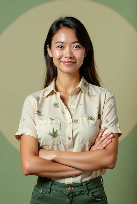 woman with a neutral facial expression and closed mouth (Preferably related to agroecology or the agricultural sector). The person must be standing straight, facing the camera and their entire upper body must be visible. The persons head should be relative...