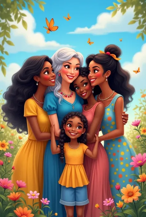 5 women hugging each other: A grandma, Four women and a girl Disney-style drawing
