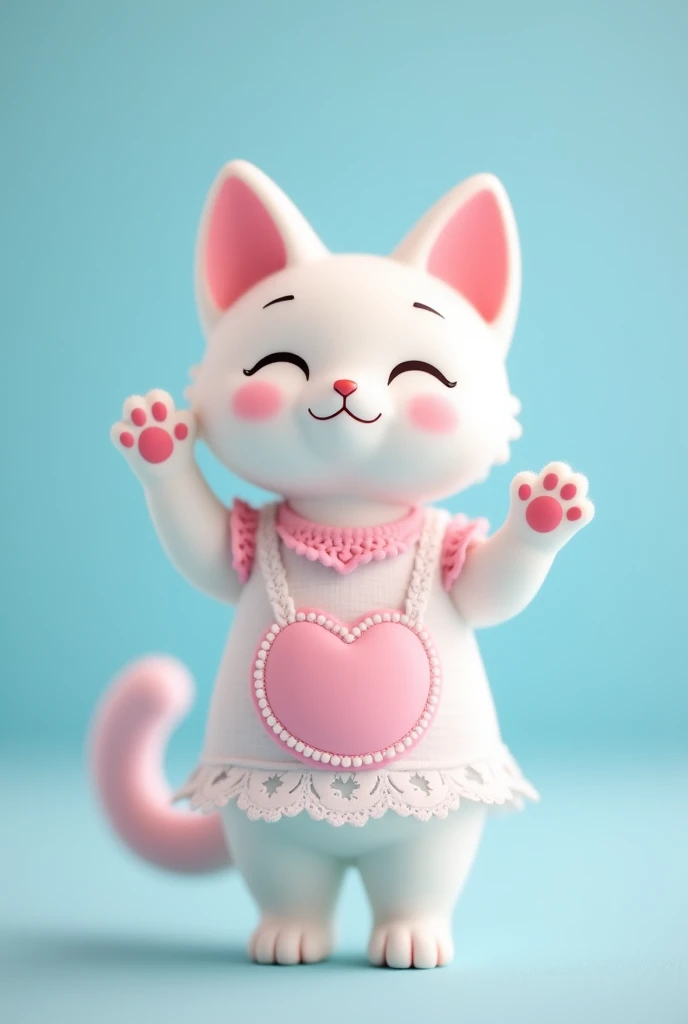 slender and very cute white cat, pink flowers on the ears, Standing and waving, pink heart mark on belly, lace apron from the waist down, pink tail, cute effect in pastel tones, Glow effect, blue photo background