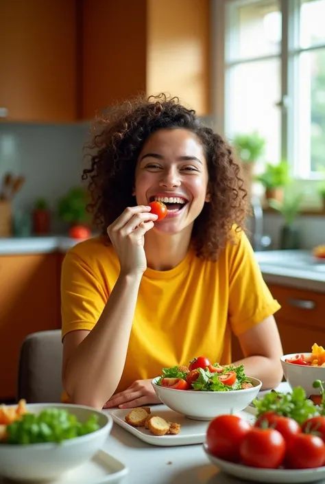 An obese person eating healthy food 
