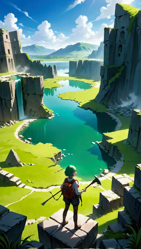 Canyon Ruins Taiju Pickaxe Explorer Explorer Clothes Green Hair Adult Woman Short Hair Ruins Large Lake Absurd Large Expansive Sky Nature