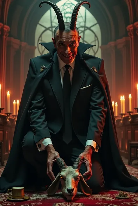 arafed man in a suit and tie kneeling next to a goat head, ron desantis as satan, satanic church interior, satanic ritual, lucifer, with horns, scary horrifying satanic rituals, making a deal with the devil, satanism, hes very menacing and evil, lucifer th...