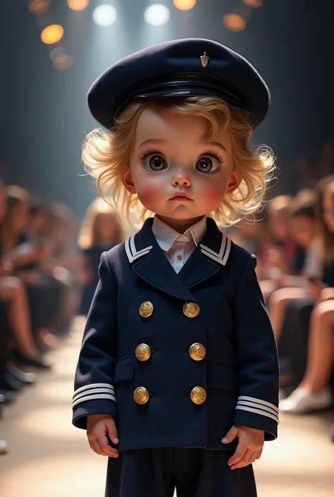 A cute child with a very large head in a realistic fashion show style navy uniform and hat, full-length.