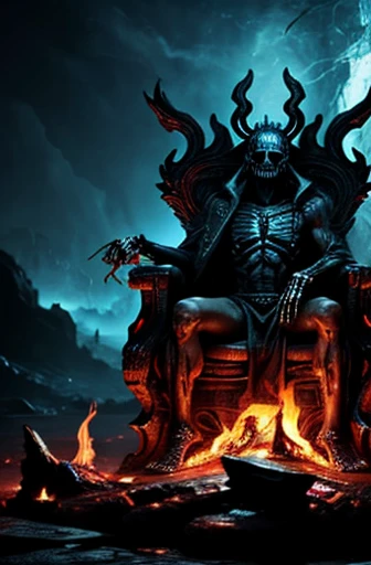 An all powerful being, born of darkness, sits on a fiery throne in hell, while spirts sink in the lava pools around him,  the man on his throne wears a black loincloth, his flesh melting down his face, his body afflicted by sickness and infections, his ski...