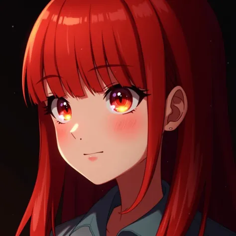 1girl, star eye, blush, perfect illumination, red hair, red eyes, unreal engine, sidelighting, detailed face, bangs, bright skin, simple background, dark background