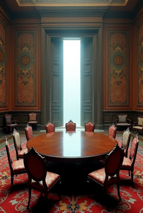  A monumental sanctum with a round table, all around are tapestries and art decorating the large room. A large spectral double door stands at the far end of the room amrking the entrance. Each of the chairs has a different aesthetic. the Table is of dark w...