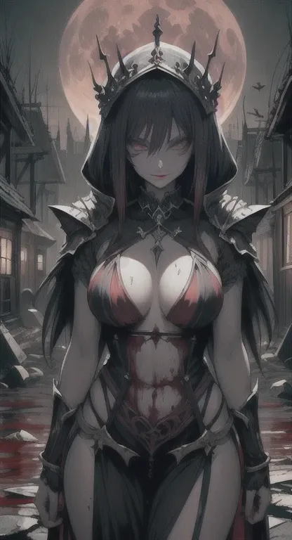 Ancient  era, armored, Queen Persephone, blood everywhere, bloodmoon Queen drenched in blood, looking at viewer psychotically, creepy smirk, covered in blood, destroyed village, cursed Triforce, village ruins,