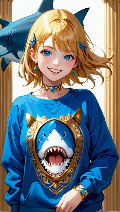 (work of art, best qualityer),  details Intricate,, 1 girl,     the mouth, multicolored hair, blue colored eyes, shark hair ornament, golden hair ornament, gold choker, gold bracelet, sharped teeth, ssmile, blue sweatshirt,,  greek clothing, peplos,