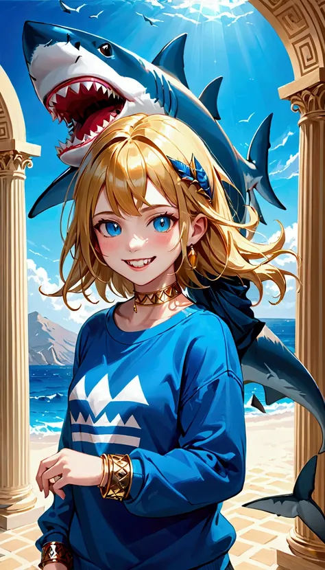 (work of art, best qualityer),  details Intricate,, 1 girl,     the mouth, multicolored hair, blue colored eyes, shark hair ornament, golden hair ornament, gold choker, gold bracelet, sharped teeth, ssmile, blue sweatshirt,,  greek clothing, peplos,